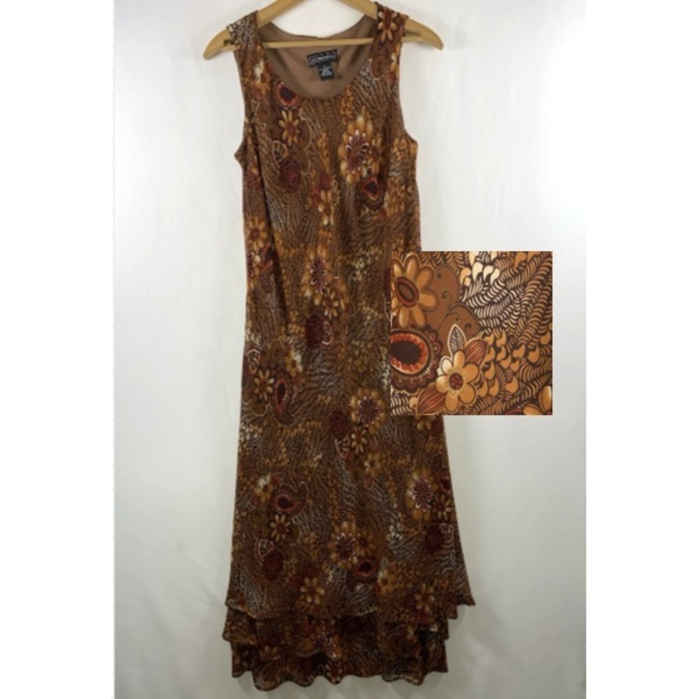 Womens Y2K Retro Floral Tiered Ruffle Hem Maxi Dress Sz M Brown Earthy Boho